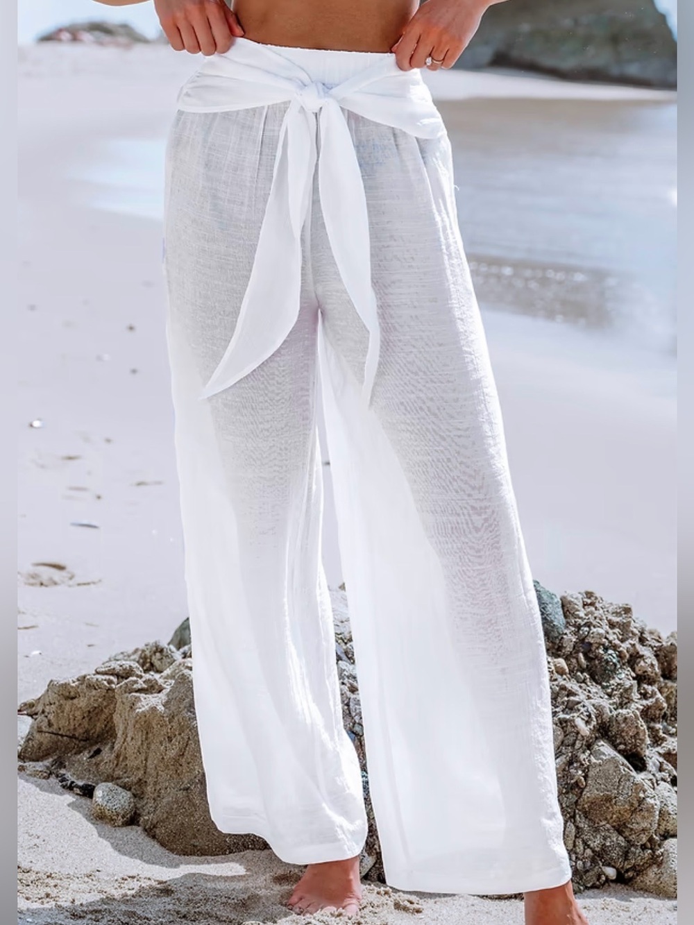CUPSHE White Wide Leg Beach Cover Up Pants XL Tie Waist Resort Swim Coverup